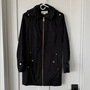 Michael Kors Black Hooded Trench Coat with Gold Hardware